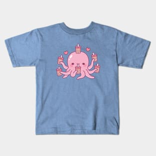 Cute Pink Octopus Loves Bubble Tea Kids T-Shirt